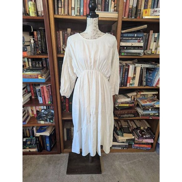 Designer Women’s XS White Silk Linen Blend Cottage Peasant Midi Dress USA - Picture 1 of 8